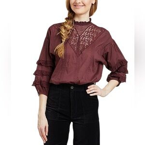 FRYE Blouse Boho Lace Detail DIYA Top In Burgundy Womens XS New Without Tags